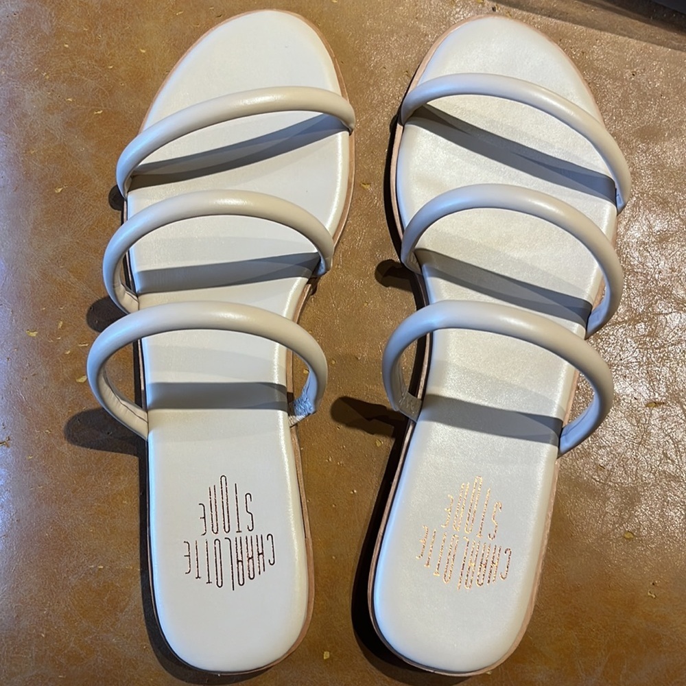 Charlotte Stone Bruna Flat Three-Strap Sandals in Peche Beige Tan, Size 12 (NWT)